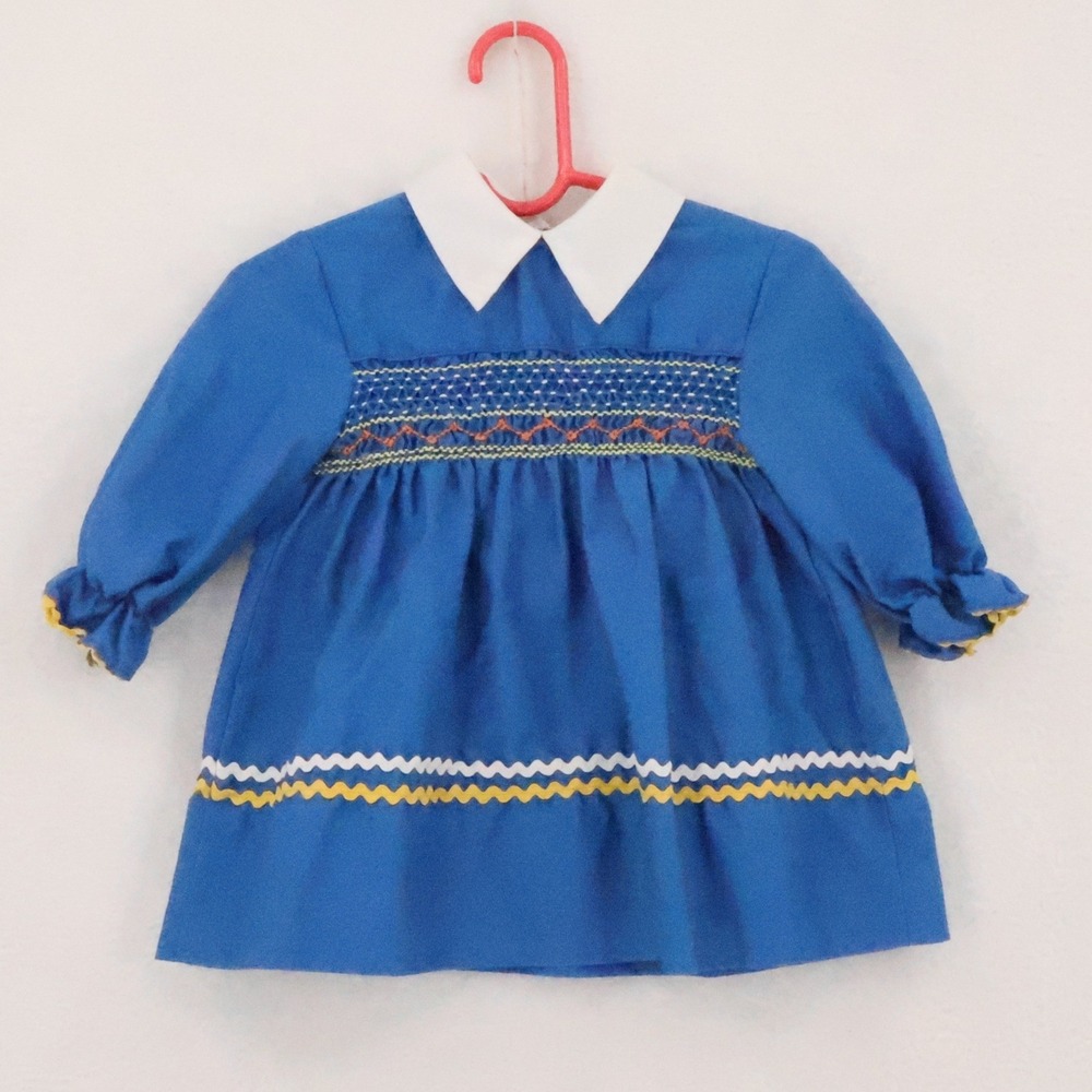 Polly Flinders Hand Smocked Dress Girls Size T2 Blue Vintage 80s Ric‎ Rac Cotton